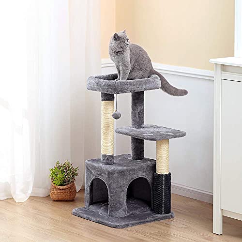 GIOPACO Cat Tree Small Cat Tower, Kitten Activity Centre with 2 Sisal Cat Scratching Posts/Condo/Padded Plush Perches/2 Platforms/Self Groomer Brush Post/Swinging Ball, for Kittens Cats (Dark Grey)