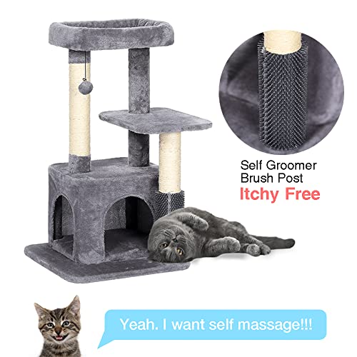 GIOPACO Cat Tree Small Cat Tower, Kitten Activity Centre with 2 Sisal Cat Scratching Posts/Condo/Padded Plush Perches/2 Platforms/Self Groomer Brush Post/Swinging Ball, for Kittens Cats (Dark Grey)