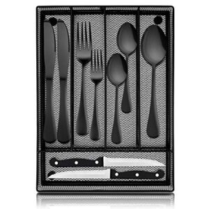 lianyu 48-piece black silverware set with steak knives and organizer, stainless steel flatware cutlery set for 8, tableware eating utensils set for wedding home party, dishwasher safe, mirror polished