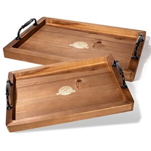 2 pack wooden rustic serving tray with handle for coffee bar, living room and patio - stackable trays lend rustic or farmhouse feels to your home