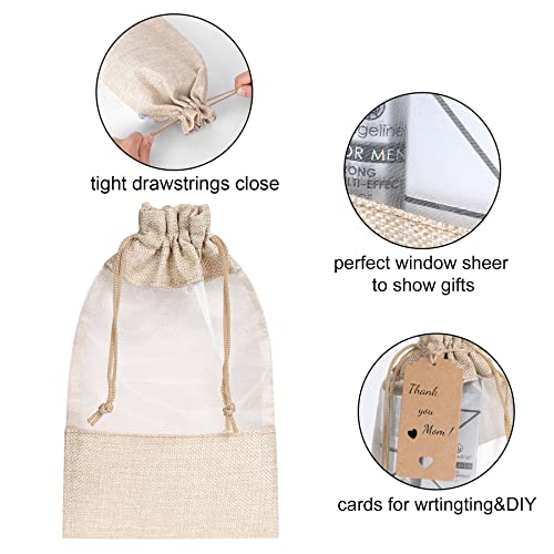 15 Pack 6.3x9.5 Inches Beige Linen Burlap with Sheer Window Organza Gift Bag with Drawstring for Christmas Gifts Wedding Party Favors Cosmetic Perfume Mesh Pouch