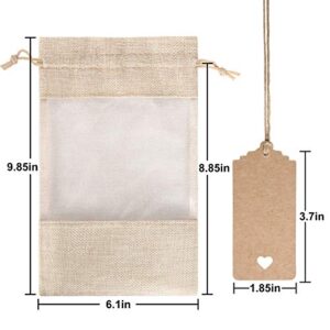 15 Pack 6.3x9.5 Inches Beige Linen Burlap with Sheer Window Organza Gift Bag with Drawstring for Christmas Gifts Wedding Party Favors Cosmetic Perfume Mesh Pouch