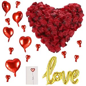 huaao 3000pcs Red Rose Petals for Romantic Night for Bedroom,10pcs Red Heart Balloons 1pcs Love Valentines Day Balloons Anniversary Birthday Honeymoon Wedding Flower Party Supplies DIY Decorations for bedroom