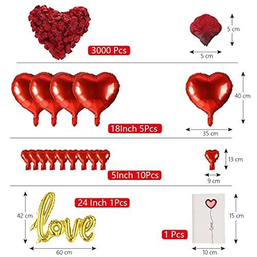 huaao 3000pcs Red Rose Petals for Romantic Night for Bedroom,10pcs Red Heart Balloons 1pcs Love Valentines Day Balloons Anniversary Birthday Honeymoon Wedding Flower Party Supplies DIY Decorations for bedroom