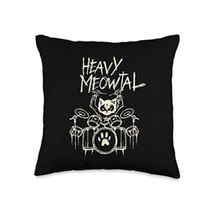 black & death metal rock drums band shirts for men heavy metal headbanger gift drummer cat playing drum meowtal throw pillow, 16x16, multicolor