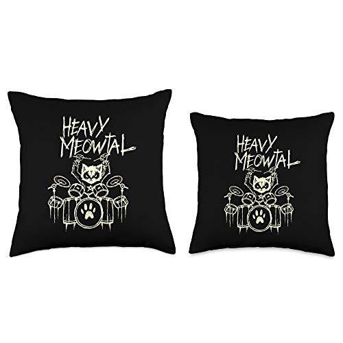 Black & Death Metal Rock Drums Band Shirts for Men Heavy Metal Headbanger Gift Drummer Cat Playing Drum Meowtal Throw Pillow, 16x16, Multicolor