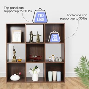 ZenStyle 9 Cube Storage Shelf Organizer, Wooden Bookshelf System Display Cube Shelves Compartments, Customizable W/ 5 Removable Back Panels (Brown)