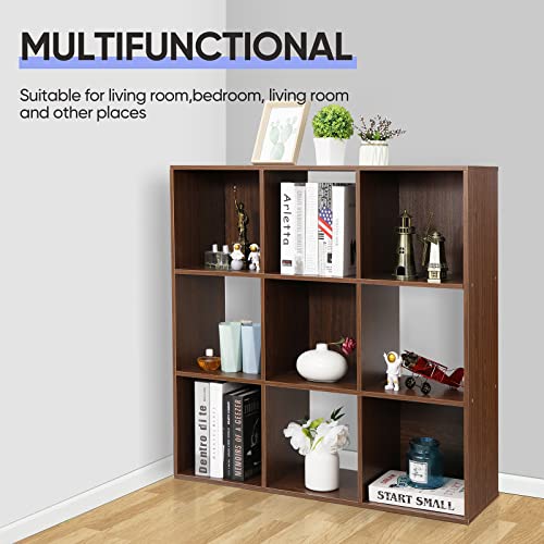 ZenStyle 9 Cube Storage Shelf Organizer, Wooden Bookshelf System Display Cube Shelves Compartments, Customizable W/ 5 Removable Back Panels (Brown)