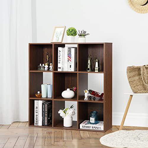 ZenStyle 9 Cube Storage Shelf Organizer, Wooden Bookshelf System Display Cube Shelves Compartments, Customizable W/ 5 Removable Back Panels (Brown)
