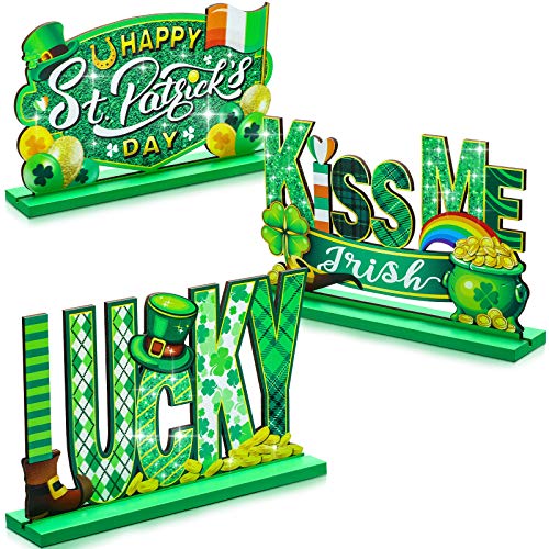 Jetec 3 Pieces St Patrick’s Day Table Decorations Happy St Patrick’s Day Glitter Wooden Sign St Patrick’s Day Lucky Table Sign for St Patrick’s Day Home Party Decor (Classic Style)