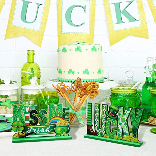 Jetec 3 Pieces St Patrick’s Day Table Decorations Happy St Patrick’s Day Glitter Wooden Sign St Patrick’s Day Lucky Table Sign for St Patrick’s Day Home Party Decor (Classic Style)