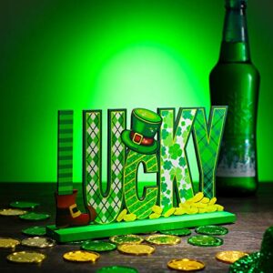 Jetec 3 Pieces St Patrick’s Day Table Decorations Happy St Patrick’s Day Glitter Wooden Sign St Patrick’s Day Lucky Table Sign for St Patrick’s Day Home Party Decor (Classic Style)