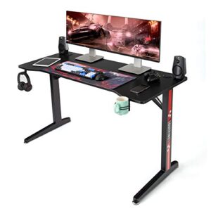 outfine gaming desk home office computer desk gamer workstation with carbon fiber surface, cup holder, headphone hook and t-shaped legs (black, 55")