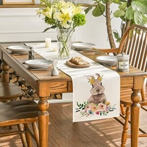 Artoid Mode Easter Bunny Easter Table Runner Off-White, Seasonal Spring Flowers Holiday Kitchen Dining Table Runner for Home Party Decor 13 x 72 Inch