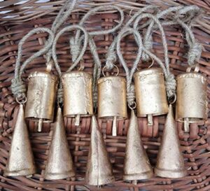 highbix 7cm big vintage rustic lucky tin metal cow bells handmade christmas décor bells on jute rope (10, cone/cylinder)