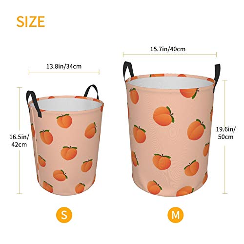 Delerain Peach Laundry Basket, Waterproof Laundry Hamper with Handles, Collapsible Toy Bins Dirty Clothes Round Storage Basket for Home Bathroom Office Nursery, 19.6X15.7(M)
