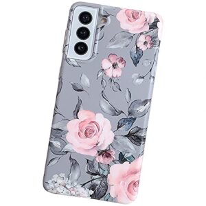 yelovehaw phone case designed for samsung galaxy s21 5g for women girls, soft slim full-around protective cute cover, floral purple gray leaves pattern, compatible with samsungs21 6.2'' (pink flowers)
