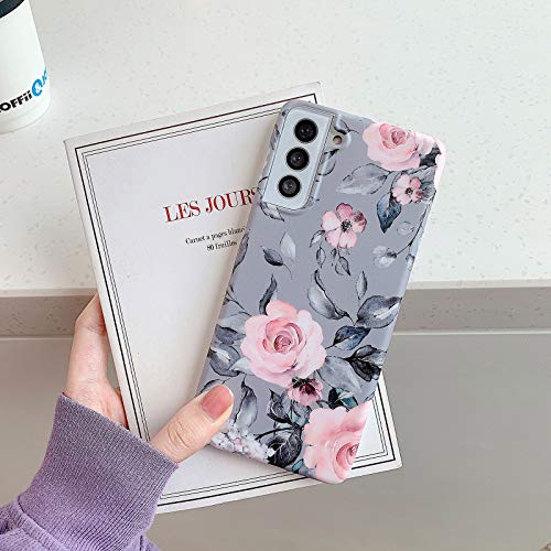 YeLoveHaw Phone Case Designed for Samsung Galaxy S21 5G for Women Girls, Soft Slim Full-around Protective Cute Cover, Floral Purple Gray Leaves Pattern, Compatible with SamsungS21 6.2'' (Pink Flowers)