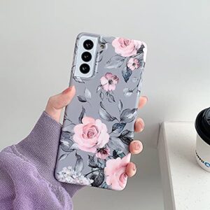YeLoveHaw Phone Case Designed for Samsung Galaxy S21 5G for Women Girls, Soft Slim Full-around Protective Cute Cover, Floral Purple Gray Leaves Pattern, Compatible with SamsungS21 6.2'' (Pink Flowers)