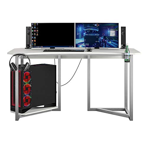 NTENSE Quest, Ergonomic, Home Office, Work Table, Computer, Gaming Room, Sitting Desk, Cup Holder, Headphone Hook, CPU Stand, White