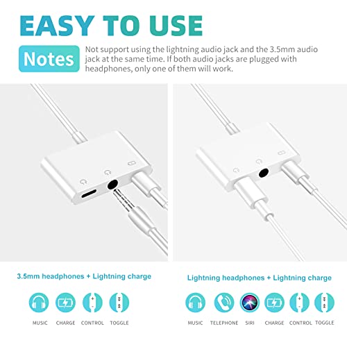 3.5mm Headphone Splitter for iPhone iPad 3 in 1 Earphone Jack Adapter with Fast Charging Lightning Audio Jack Connector Compatible for iPhone 14 13 12 11 X XR XS 8 7 iPad