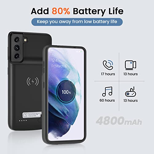 NEWDERY Galaxy S21 Battery Case Qi Wireless Charging Compatible, 4800mAh Extended Power Case Slim Protective Portable Charger Case Rechargeable for Samsung Regular S21 5G -6.2inch Black