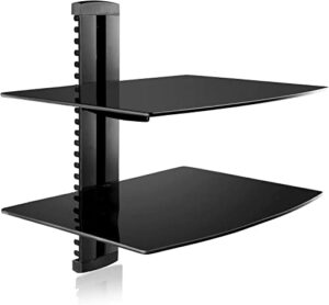 suptek speaker mount, floating glass shelf wall mount bracket for dvd players/cable boxes/games consoles/tv accessories, 2 shelves, black cs202