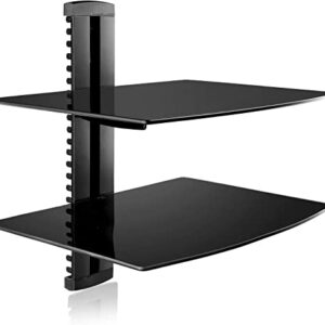 suptek Speaker Mount, Floating Glass Shelf Wall Mount Bracket for DVD Players/Cable Boxes/Games Consoles/TV Accessories, 2 Shelves, Black CS202
