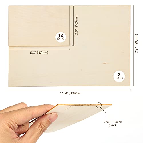 LotFancy Plywood Sheets for Crafts, 14pc Blank Unfinished Basswood Sheets, Thin Rectangle Wood Board Cutouts Pieces, 2 Sizes - 12Pc 150x100mm (6x4in), 2Pc 300x200mm (12x8in)