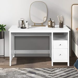 vikiullf white writing desk with drawers - 47” modern home office study computer desk with storage cabinet & open shelf, simple vanity table for bedroom