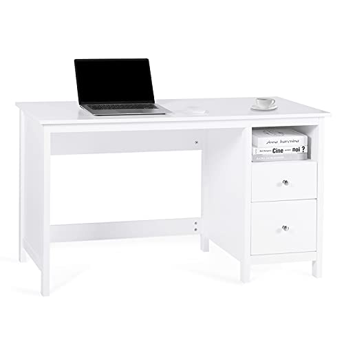 Vikiullf White Writing Desk with Drawers - 47” Modern Home Office Study Computer Desk with Storage Cabinet & Open Shelf, Simple Vanity Table for Bedroom