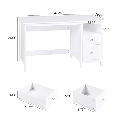 Vikiullf White Writing Desk with Drawers - 47” Modern Home Office Study Computer Desk with Storage Cabinet & Open Shelf, Simple Vanity Table for Bedroom