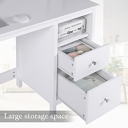 Vikiullf White Writing Desk with Drawers - 47” Modern Home Office Study Computer Desk with Storage Cabinet & Open Shelf, Simple Vanity Table for Bedroom