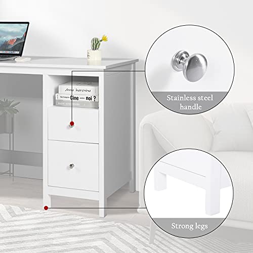 Vikiullf White Writing Desk with Drawers - 47” Modern Home Office Study Computer Desk with Storage Cabinet & Open Shelf, Simple Vanity Table for Bedroom