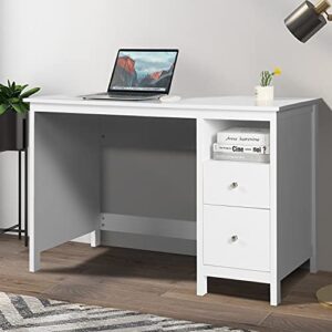 Vikiullf White Writing Desk with Drawers - 47” Modern Home Office Study Computer Desk with Storage Cabinet & Open Shelf, Simple Vanity Table for Bedroom