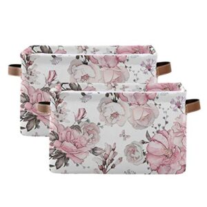 susiyo large foldable storage bin watercolor floral rose fabric storage baskets collapsible decorative baskets organizing basket bin with pu handles for shelves home closet bedroom living room-2pack