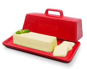 gute butter dish with lid for countertop, covered ceramic butter dish, butter tray storage for 1 stick of butter, butter keeper container with handle for kitchen, red