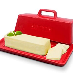 Gute Butter Dish with Lid for Countertop, Covered Ceramic Butter Dish, Butter Tray Storage for 1 Stick of Butter, Butter Keeper Container with Handle for Kitchen, Red