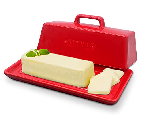 Gute Butter Dish with Lid for Countertop, Covered Ceramic Butter Dish, Butter Tray Storage for 1 Stick of Butter, Butter Keeper Container with Handle for Kitchen, Red