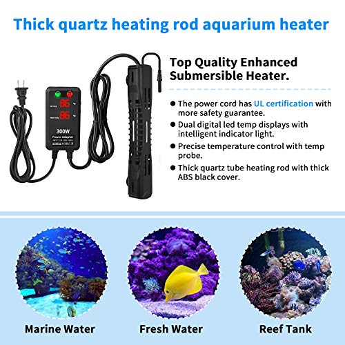 SZELAM Submersible Aquarium Heater,300W Fish Tank Heater with Intelligent Temperature Probe and 2 Suction Cups,Suitable for Marine Saltwater and Freshwater