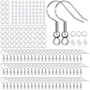 925 sterling silver earring hooks 150 pcs/75 pairs,ear wires fish hooks,500pcs hypoallergenic earring making kit with jump rings and clear silicone earring backs stoppers (silver)