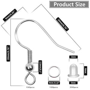 925 Sterling Silver Earring Hooks 150 PCS/75 Pairs,Ear Wires Fish Hooks,500pcs Hypoallergenic Earring Making kit with Jump Rings and Clear Silicone Earring Backs Stoppers (Silver)