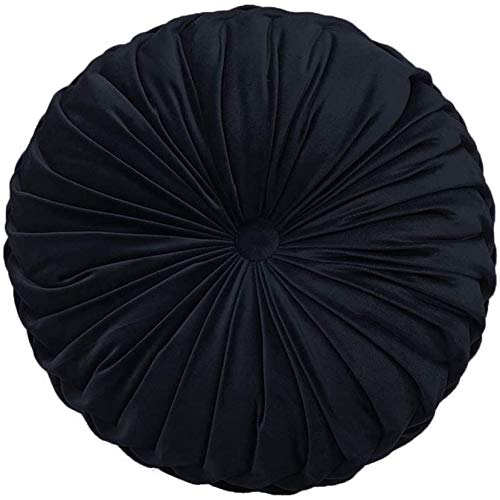 YunNasi Round Throw Pillow Velvet Pleated Filled Cushion Floor Pillow for Home Sofa Chair Bed Car Decor 13 inch (Black)