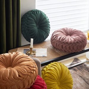 YunNasi Round Throw Pillow Velvet Pleated Filled Cushion Floor Pillow for Home Sofa Chair Bed Car Decor 13 inch (Black)