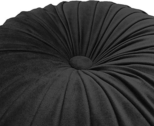 YunNasi Round Throw Pillow Velvet Pleated Filled Cushion Floor Pillow for Home Sofa Chair Bed Car Decor 13 inch (Black)