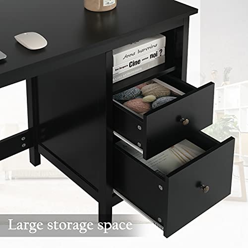 Vikiullf Writing Desk with Storage Cabinet - 47.2” Black Modern Wood Home Office Computer Desk with 2 File Drawers & Open Shelf Study Table for Teens