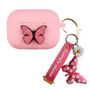 yqg butterfly airpods pro case, shockproof silicone 3d butterfly airpods 3 cover keychain for women girls gift compatible with apple airpods pro charging case-pink butterfly