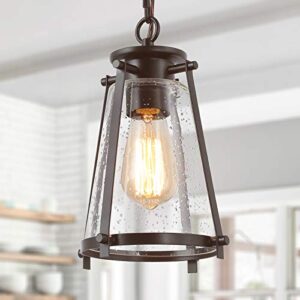 gepow farmhouse pendant lighting for kitchen island, rustic hanging light fixture with seeded glass shade for bedroom, foyer and entryway, bronze