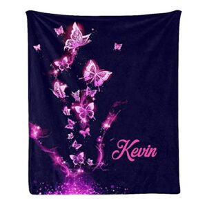 cuxweot custom blanket personalized purple print bling butterfly soft fleece throw blanket with name for gifts sofa bed (50 x 60 inches)