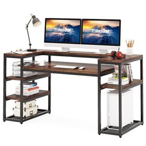 tribesigns 63 inches computer desk with open storage shelves, large office desk with monitor shelf & cpu stand, study writing table workstation with printer stand for home office(brown)